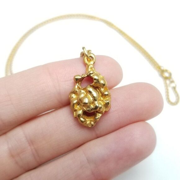 Vintage Gold Tone Nugget Shape Pendant Necklace, Chain, Retro Estate - Picture 1 of 7